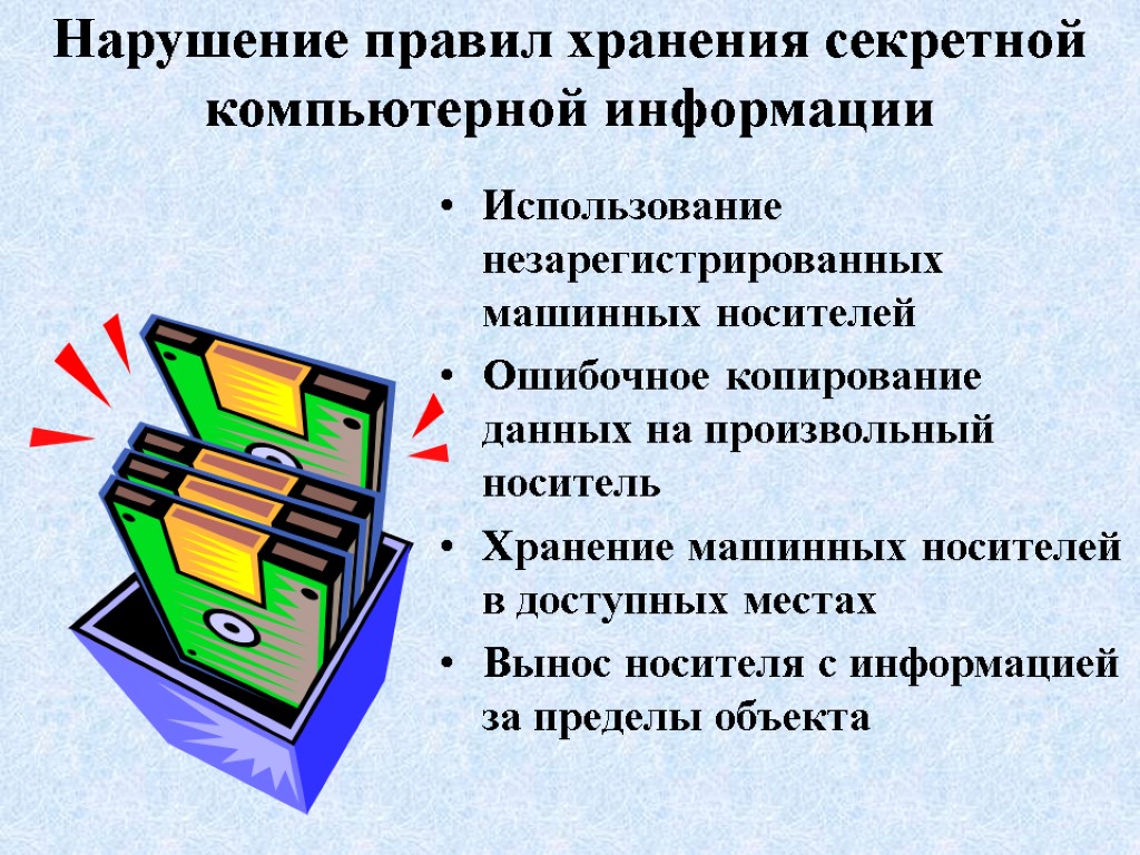 Использование незарегистрированных машинных носителей Ошибочное копирование данных на произвольный носитель Хранение машинных носителей в